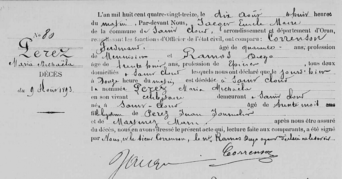 Perez maria michaela n 2 soeur emilie deces 9 aout 1893 st cloud oran bis